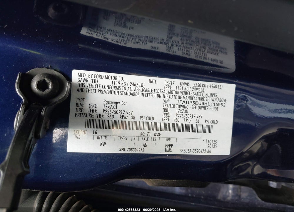 2017 FORD C-MAX ENERGI SE VIN: 1FADP5EU9HL115962