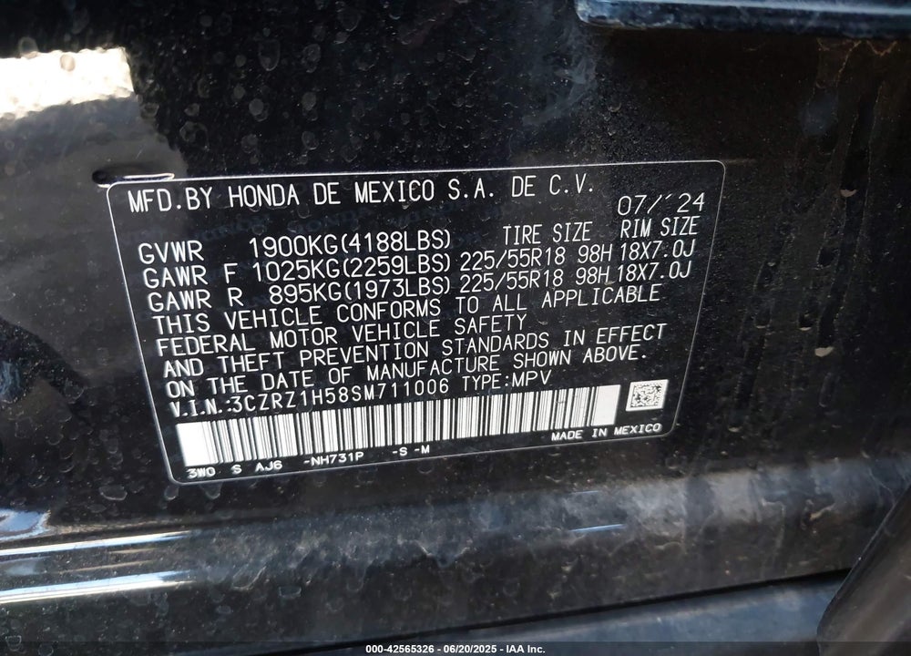 2025 HONDA HR-V VIN: 3CZRZ1H58SM711006