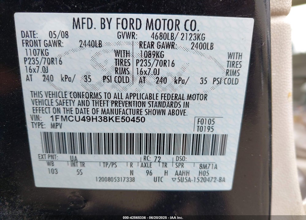 2008 FORD ESCAPE HEV VIN: 1FMCU49H38KE50450