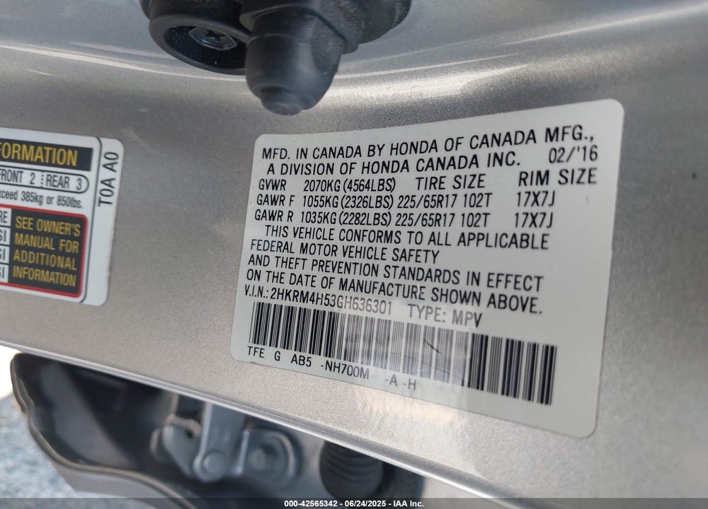 2016 HONDA CR-V VIN: 2HKRM4H53GH636301