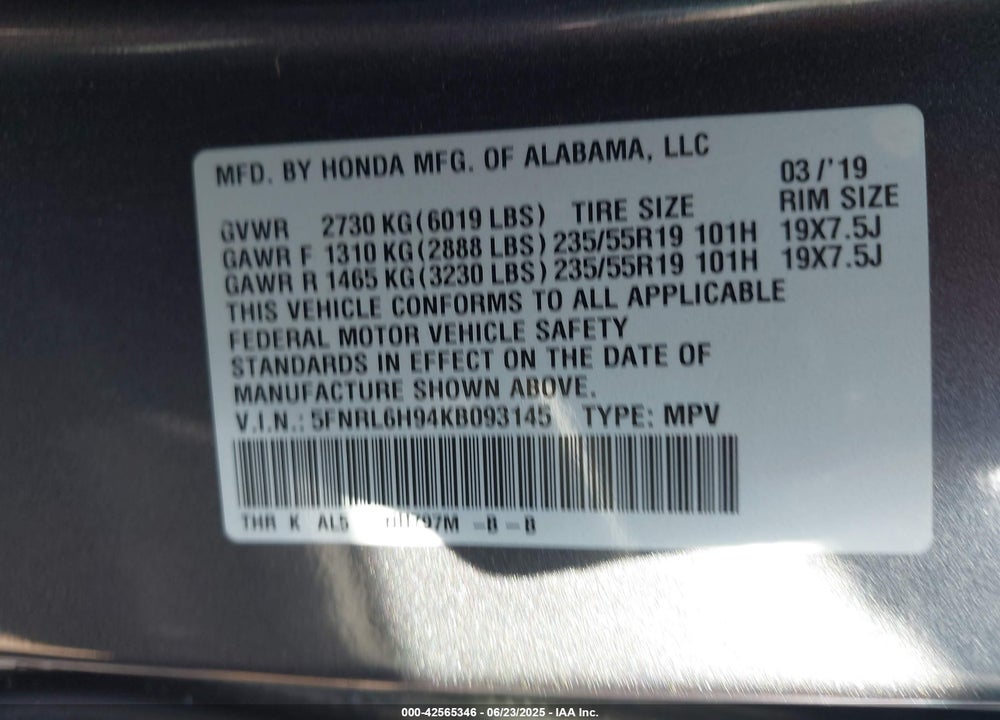 2019 HONDA ODYSSEY VIN: 5FNRL6H94KB093145