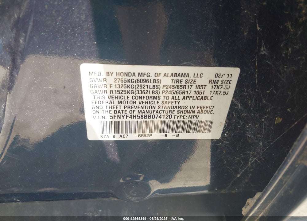 2011 HONDA PILOT VIN: 5FNYF4H58BB074120