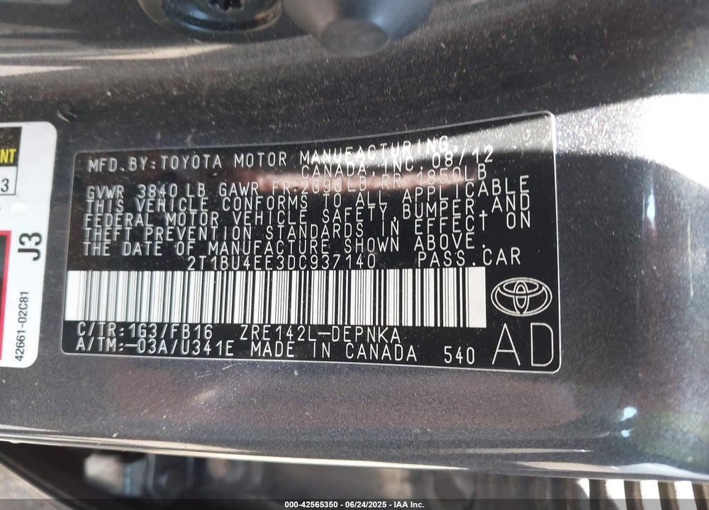 2013 TOYOTA COROLLA VIN: 2T1BU4EE3DC937140