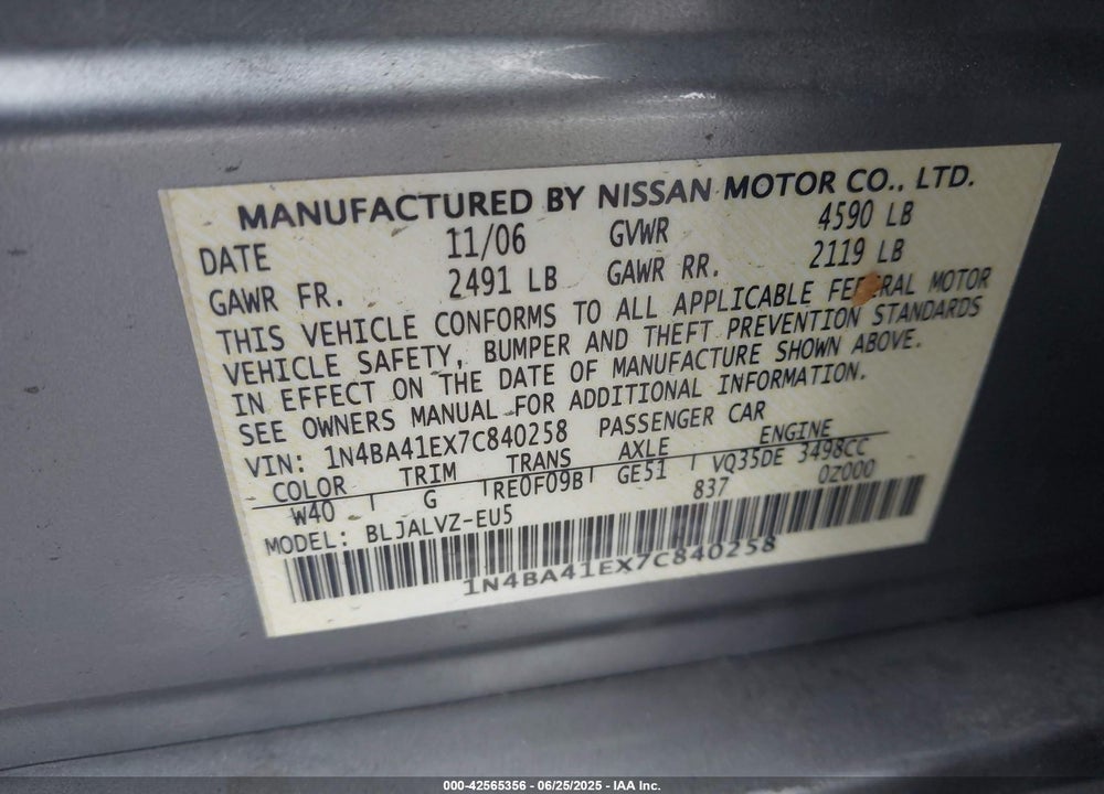 2007 NISSAN MAXIMA VIN: 1N4BA41EX7C840258