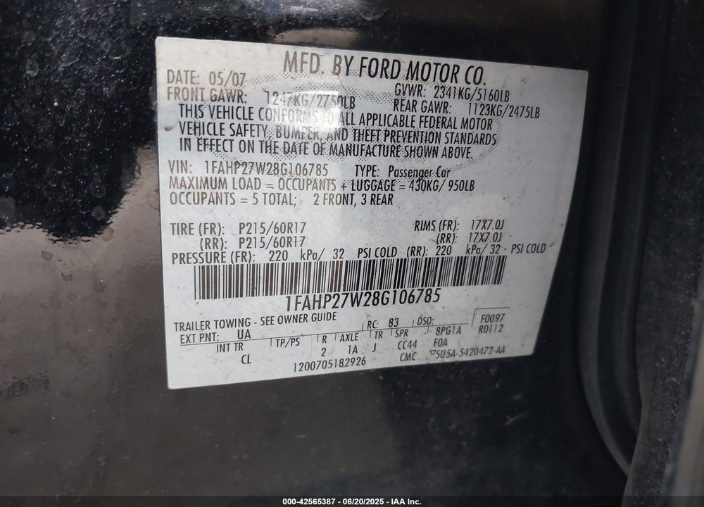 2008 FORD TAURUS SEL VIN: 1FAHP27W28G106785