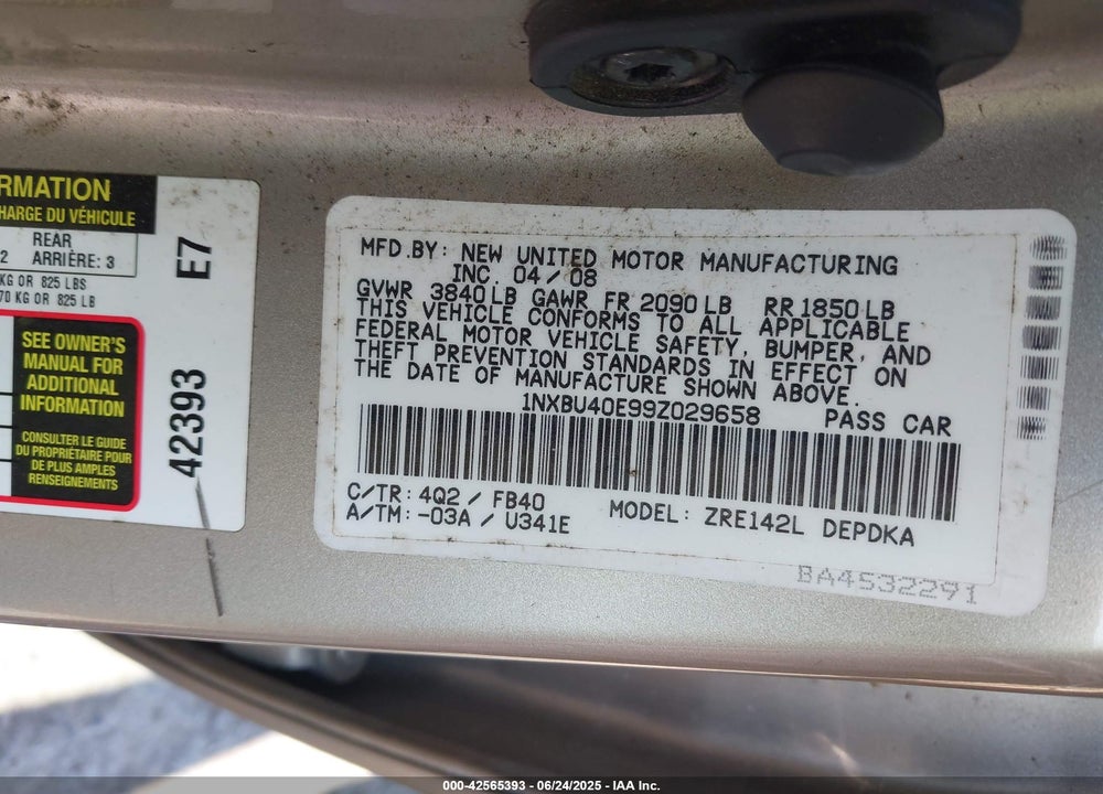 2009 TOYOTA COROLLA VIN: 1NXBU40E99Z029658
