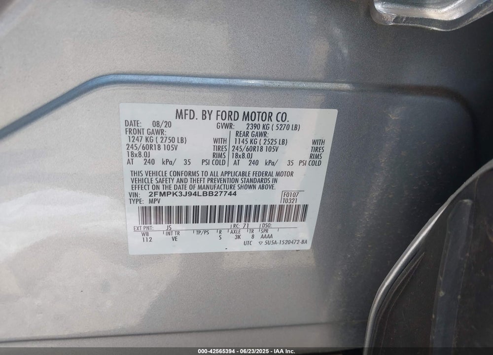 2020 FORD EDGE VIN: 2FMPK3J94LBB27744