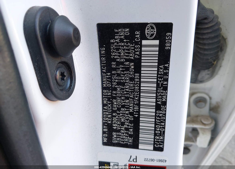 2014 TOYOTA CAMRY VIN: 4T1BF1FK2EU852898