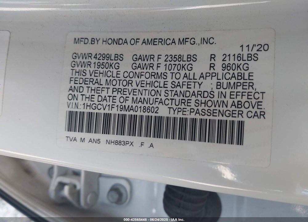 2021 HONDA ACCORD VIN: 1HGCV1F19MA018602