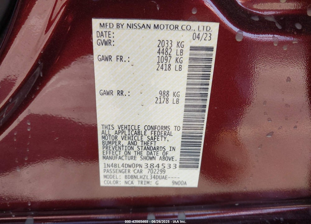 2023 NISSAN ALTIMA VIN: 1N4BL4DW0PN384533