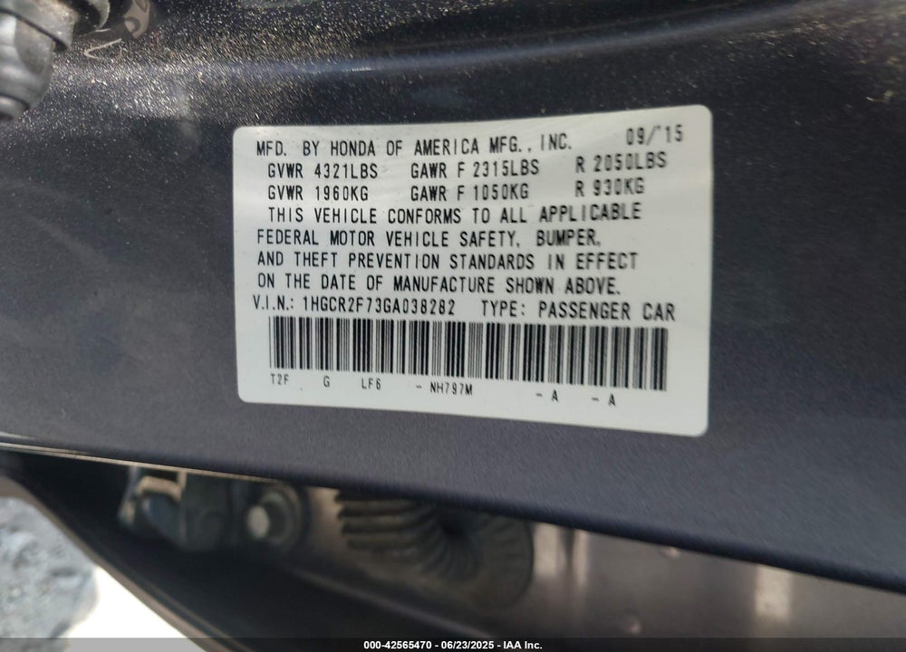 2016 HONDA ACCORD VIN: 1HGCR2F73GA038282