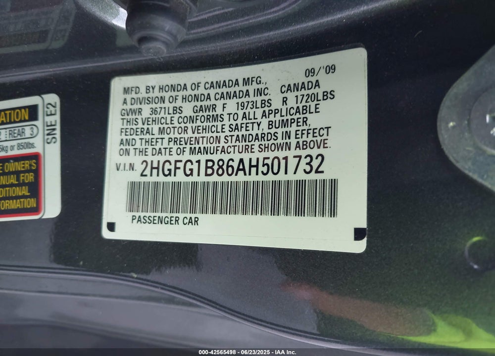 2010 HONDA CIVIC EX VIN: 2HGFG1B86AH501732