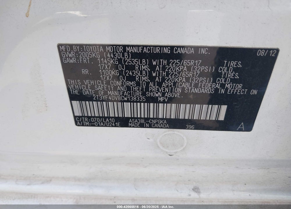 2012 TOYOTA RAV4 VIN: 2T3YF4DV8CW138335