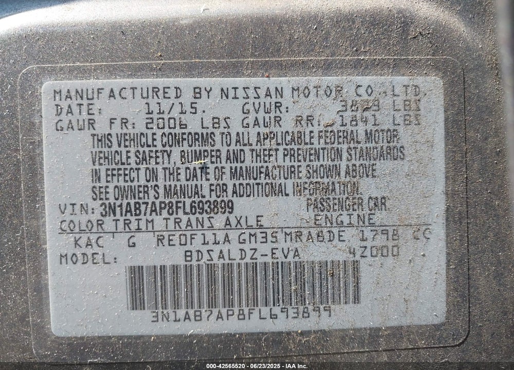 2015 NISSAN SENTRA VIN: 3N1AB7AP8FL693899