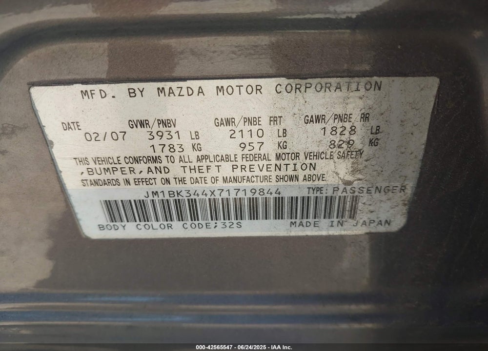 2007 MAZDA 3 VIN: JM1BK344X71719844