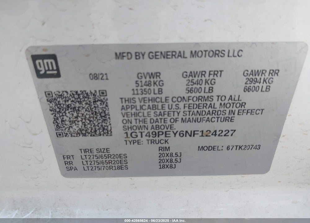2022 GMC SIERRA 2500HD 4WD STANDARD BED AT4 VIN: 1GT49PEY6NF124227
