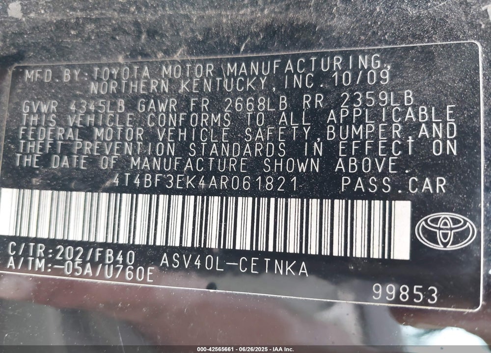 2010 TOYOTA CAMRY VIN: 4T4BF3EK4AR061821
