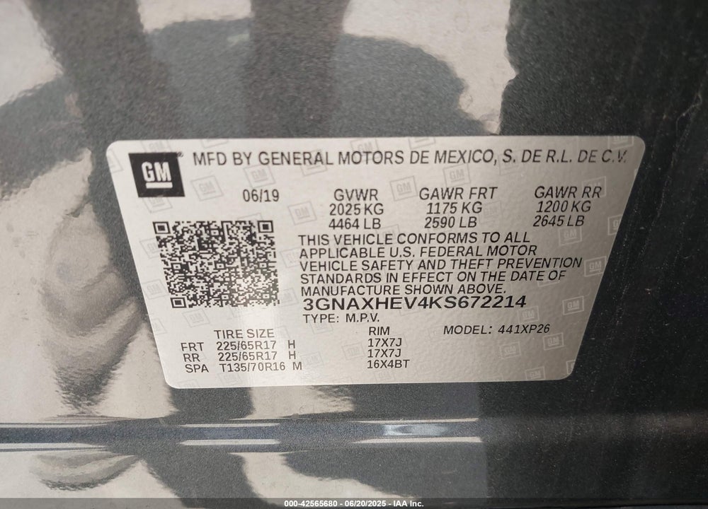 2019 CHEVROLET EQUINOX VIN: 3GNAXHEV4KS672214