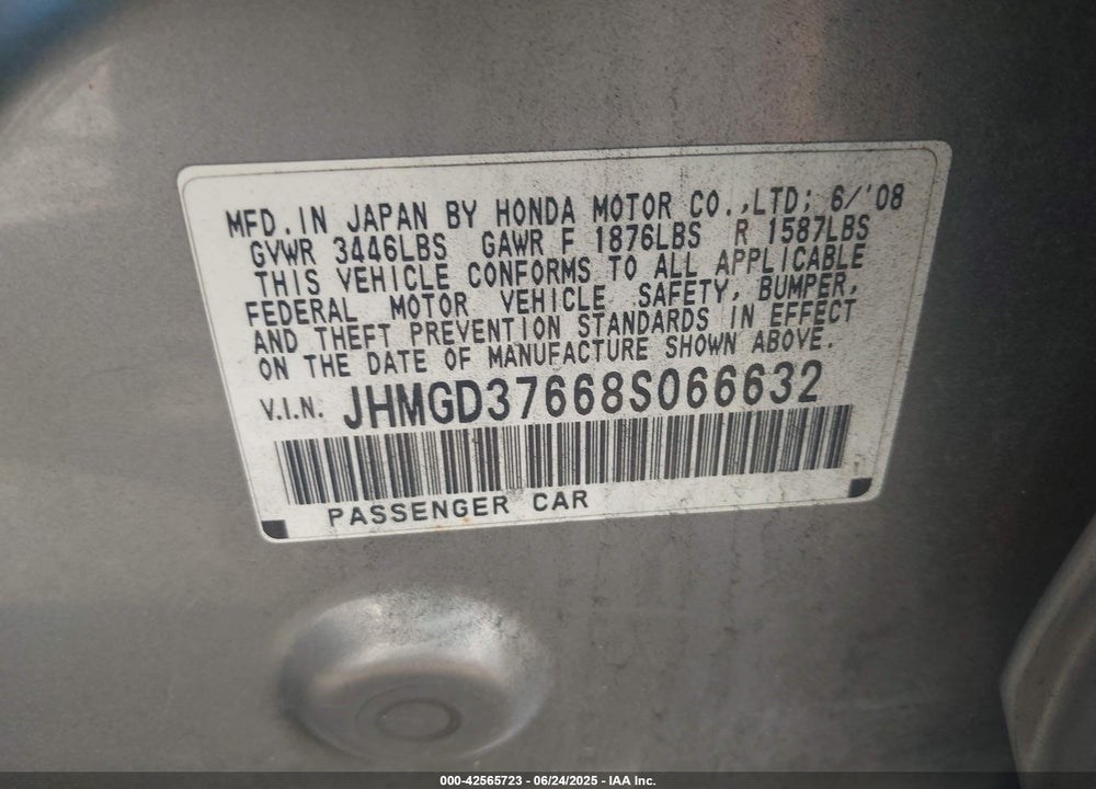 2008 HONDA FIT VIN: JHMGD37668S066632