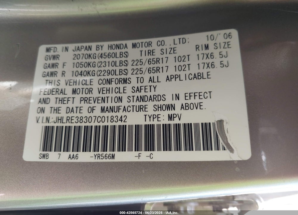 2007 HONDA CR-V LX VIN: JHLRE38307C018342