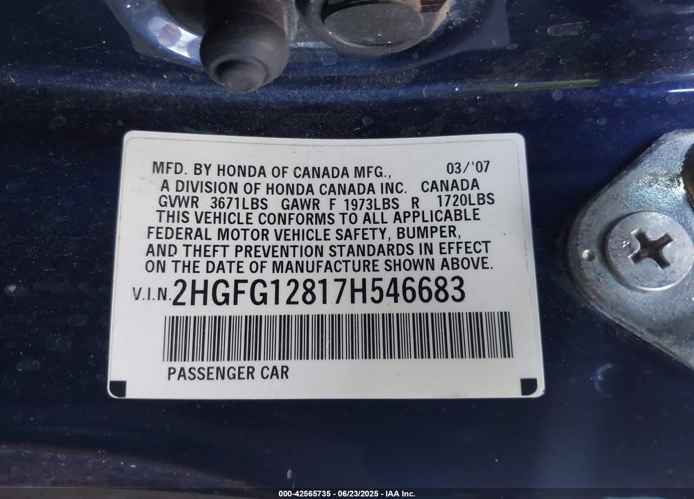 2007 HONDA CIVIC EX VIN: 2HGFG12817H546683
