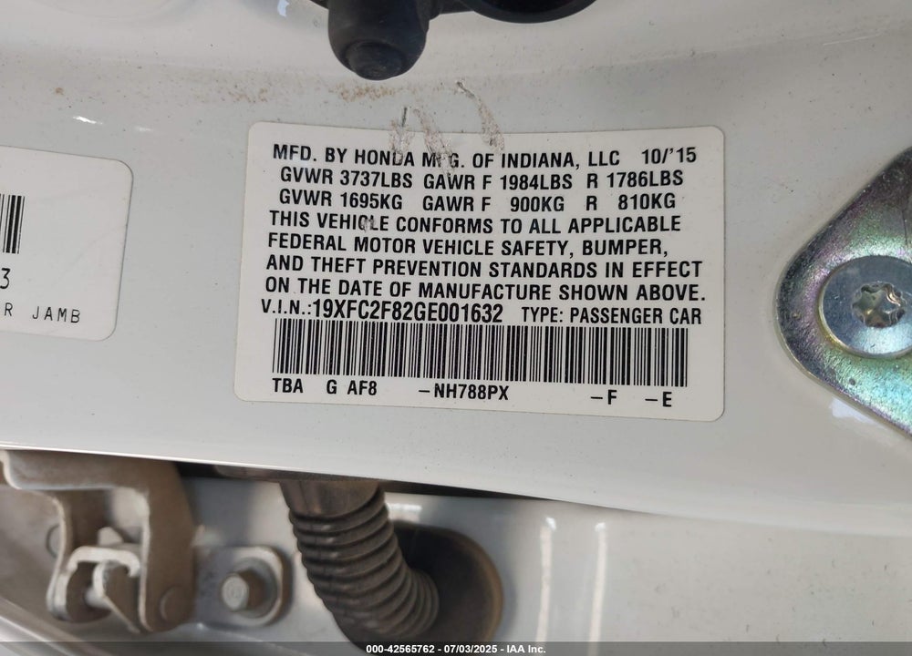 2016 HONDA CIVIC VIN: 19XFC2F82GE001632