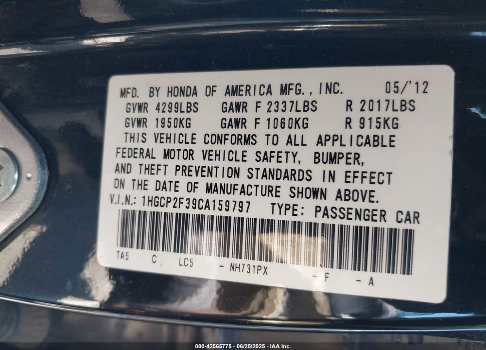 2012 HONDA ACCORD 2.4 LX VIN: 1HGCP2F39CA159797