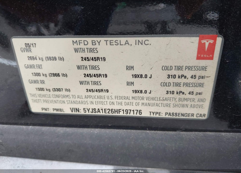 2017 TESLA MODEL S VIN: 5YJSA1E26HF197176