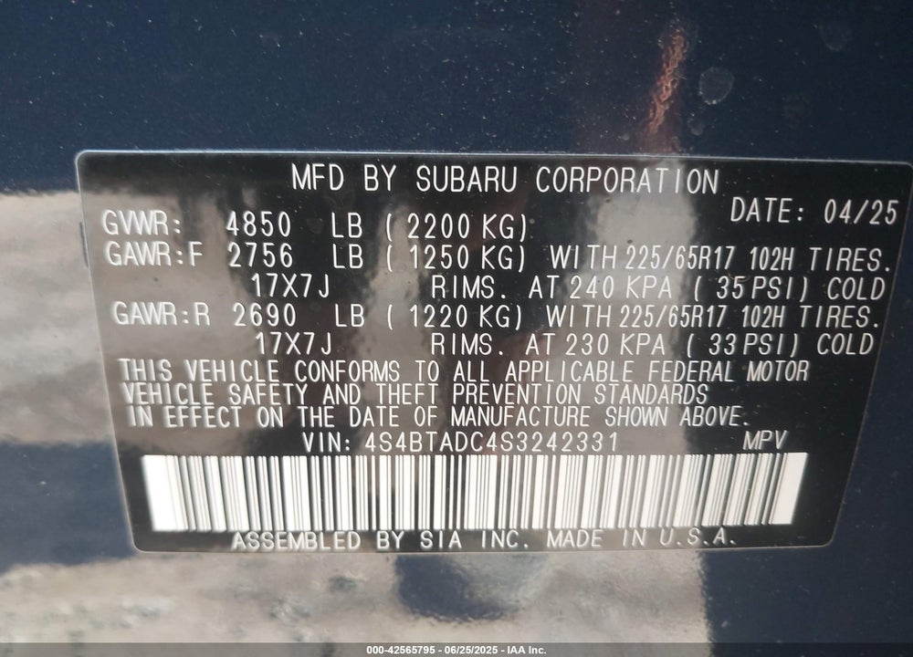 2025 SUBARU OUTBACK VIN: 4S4BTADC4S3242331