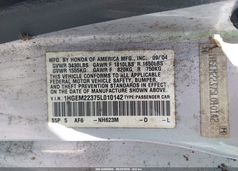 2005 HONDA CIVIC VP VIN: 1HGEM22375L010142