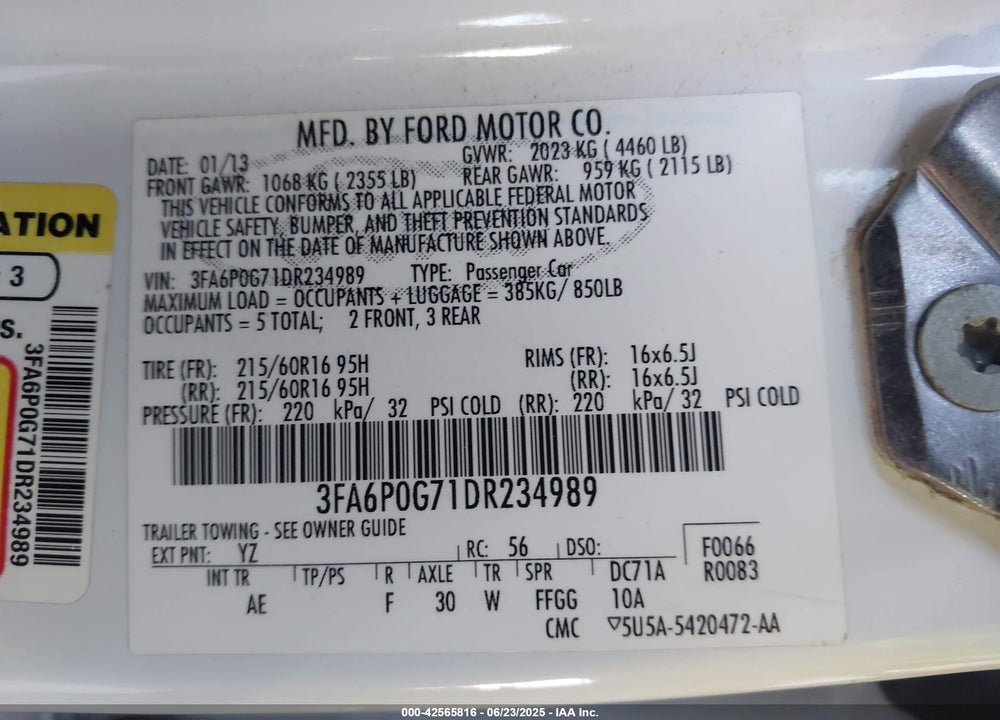 2013 FORD FUSION VIN: 3FA6P0G71DR234989