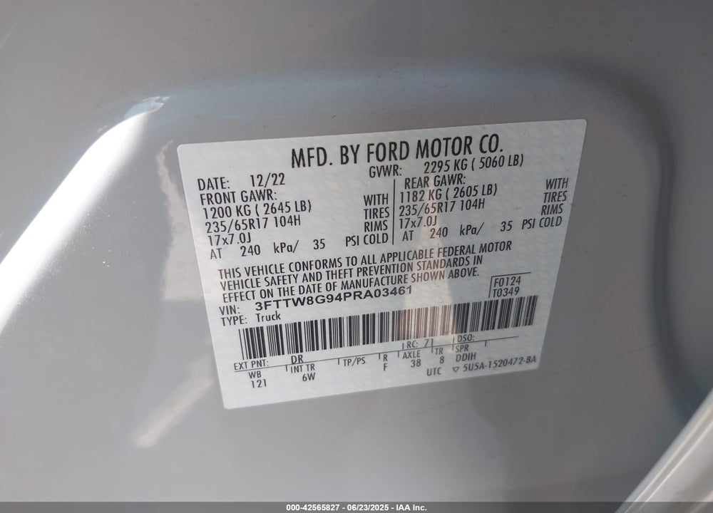 2023 FORD MAVERICK VIN: 3FTTW8G94PRA03461