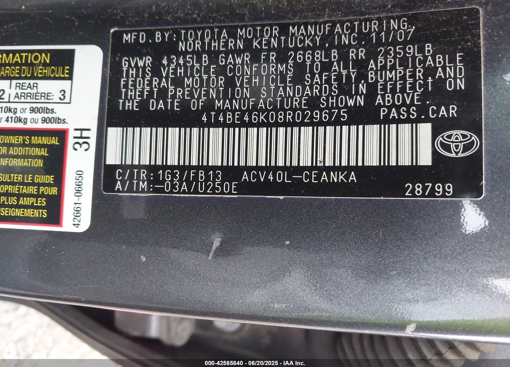 2008 TOYOTA CAMRY VIN: 4T4BE46K08R029675