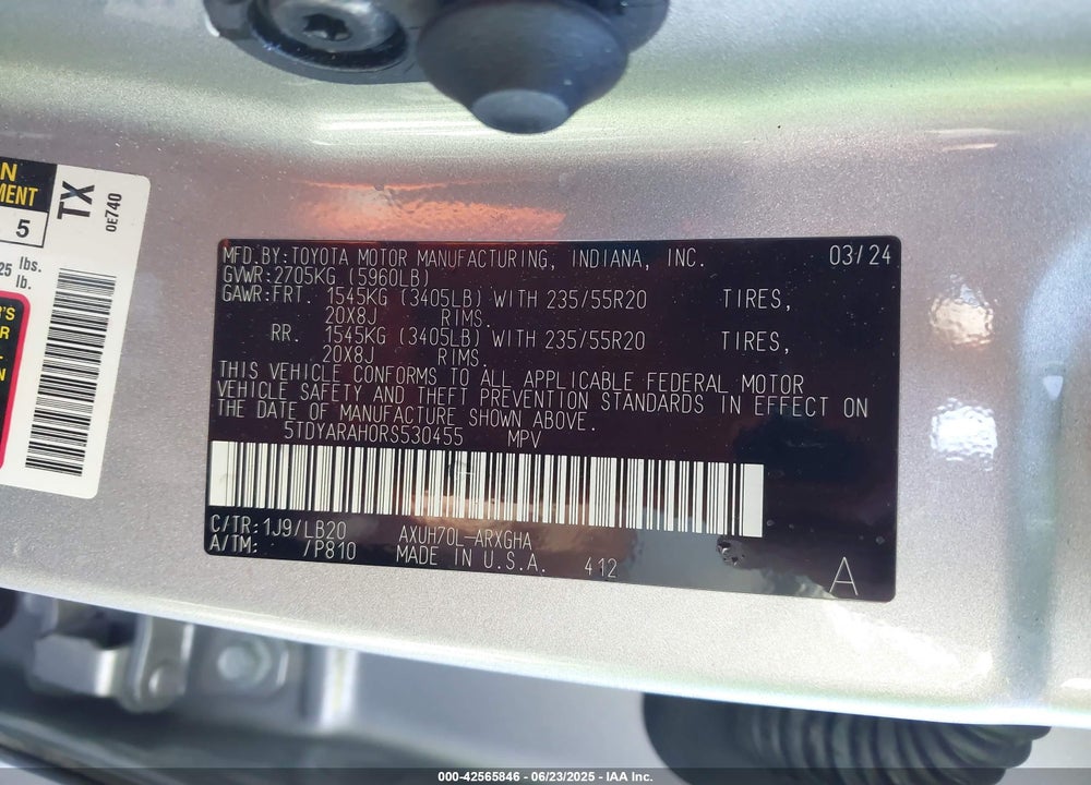 2024 TOYOTA HIGHLANDER HYBRID VIN: 5TDYARAH0RS530455