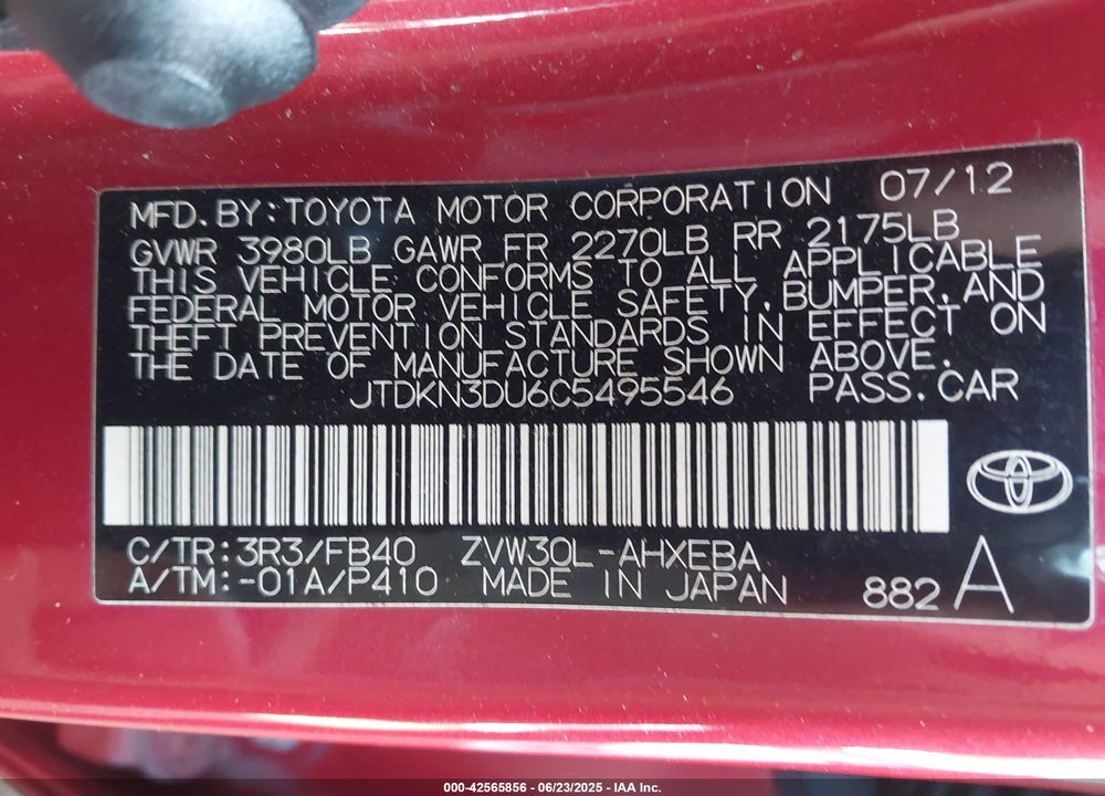 2012 TOYOTA PRIUS VIN: JTDKN3DU6C5495546