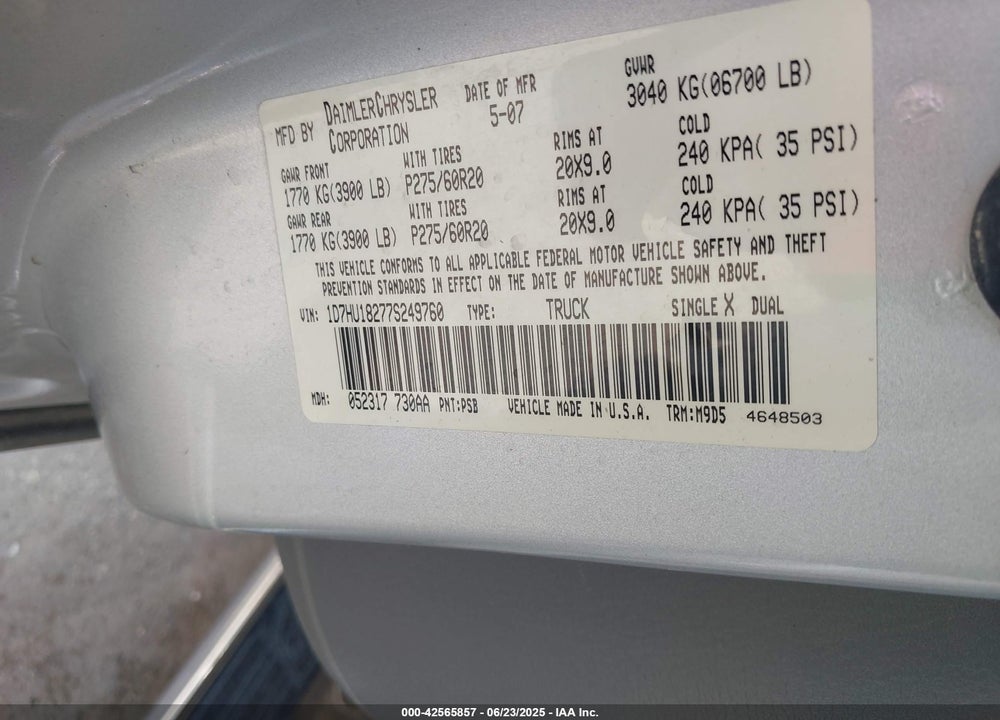 2007 DODGE RAM 1500 VIN: 1D7HU18277S249760