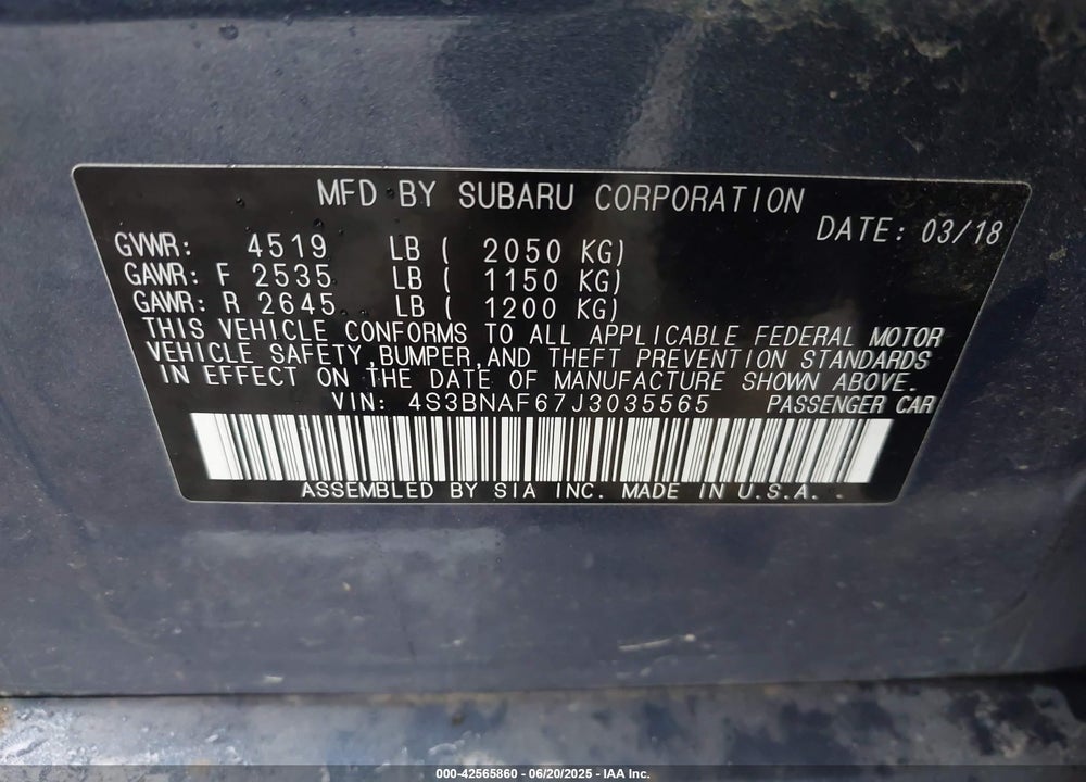 2018 SUBARU LEGACY VIN: 4S3BNAF67J3035565