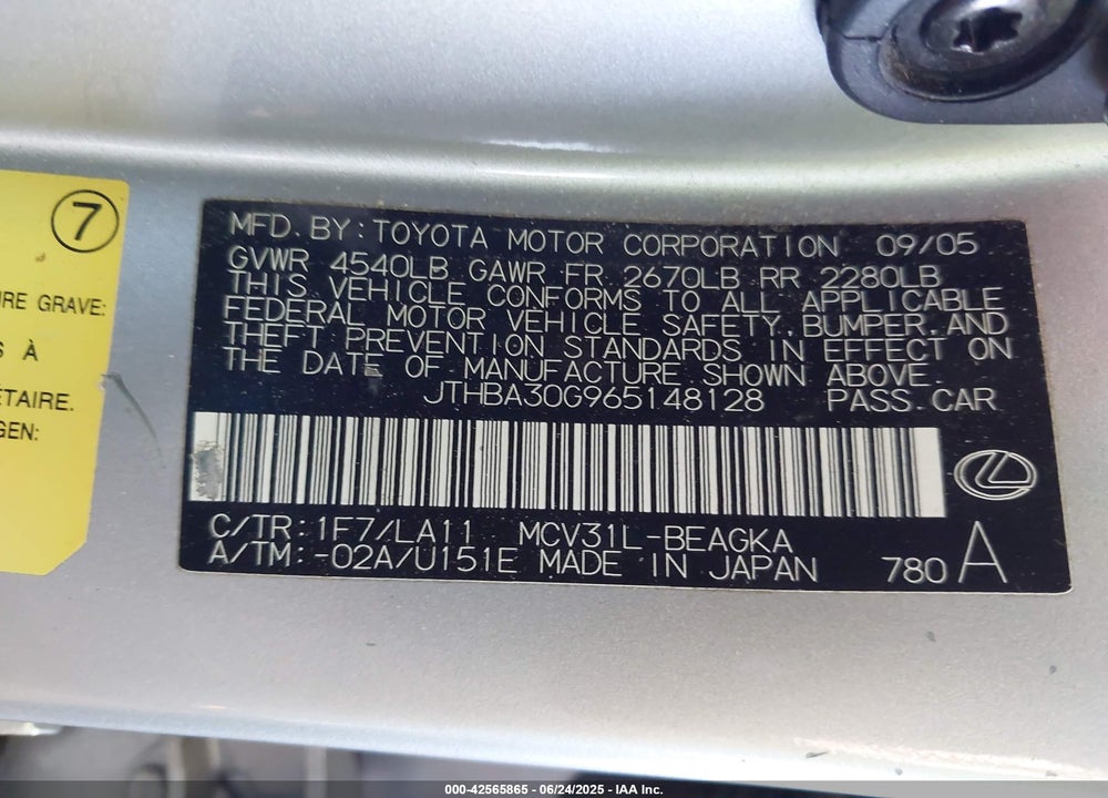 2006 LEXUS ES 330 VIN: JTHBA30G965148128