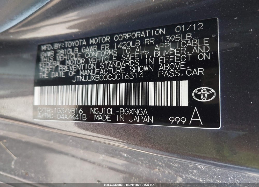 2012 SCION IQ VIN: JTNJJXB00CJ016314