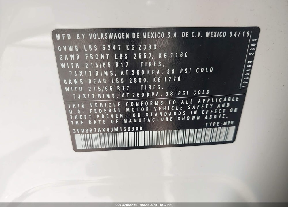 2018 VOLKSWAGEN TIGUAN VIN: 3VV3B7AX4JM156909