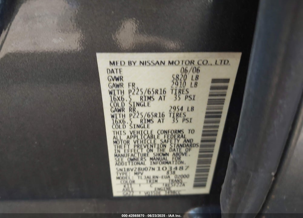 2007 NISSAN QUEST 3.5 VIN: 5N1BV28U07N103487