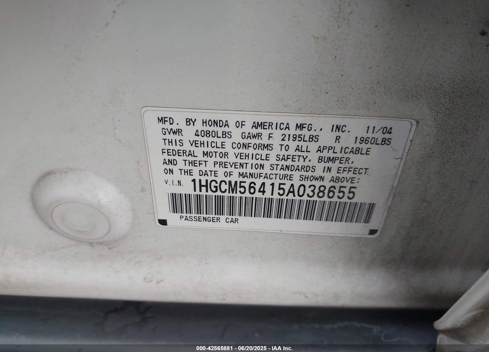 2005 HONDA ACCORD 2.4 LX VIN: 1HGCM56415A038655