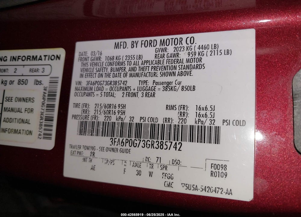 2016 FORD FUSION VIN: 3FA6P0G73GR385742