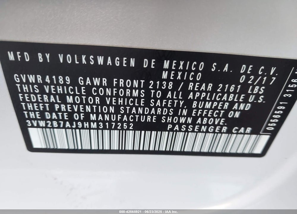2017 VOLKSWAGEN JETTA VIN: 3VW2B7AJ9HM317252