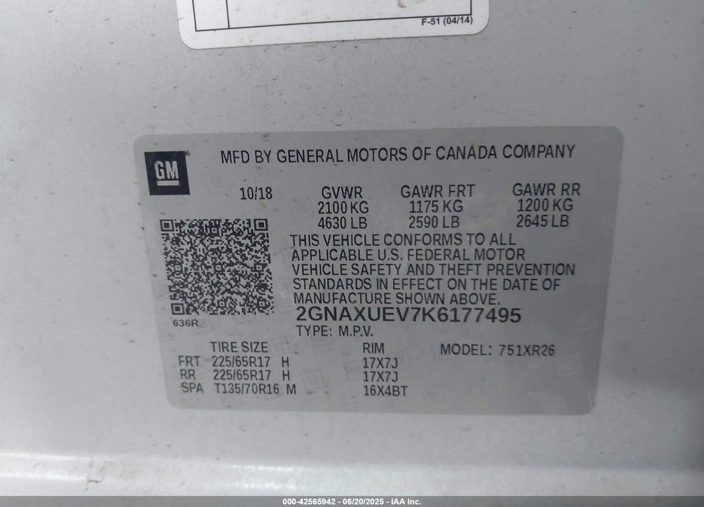 2019 CHEVROLET EQUINOX VIN: 2GNAXUEV7K6177495