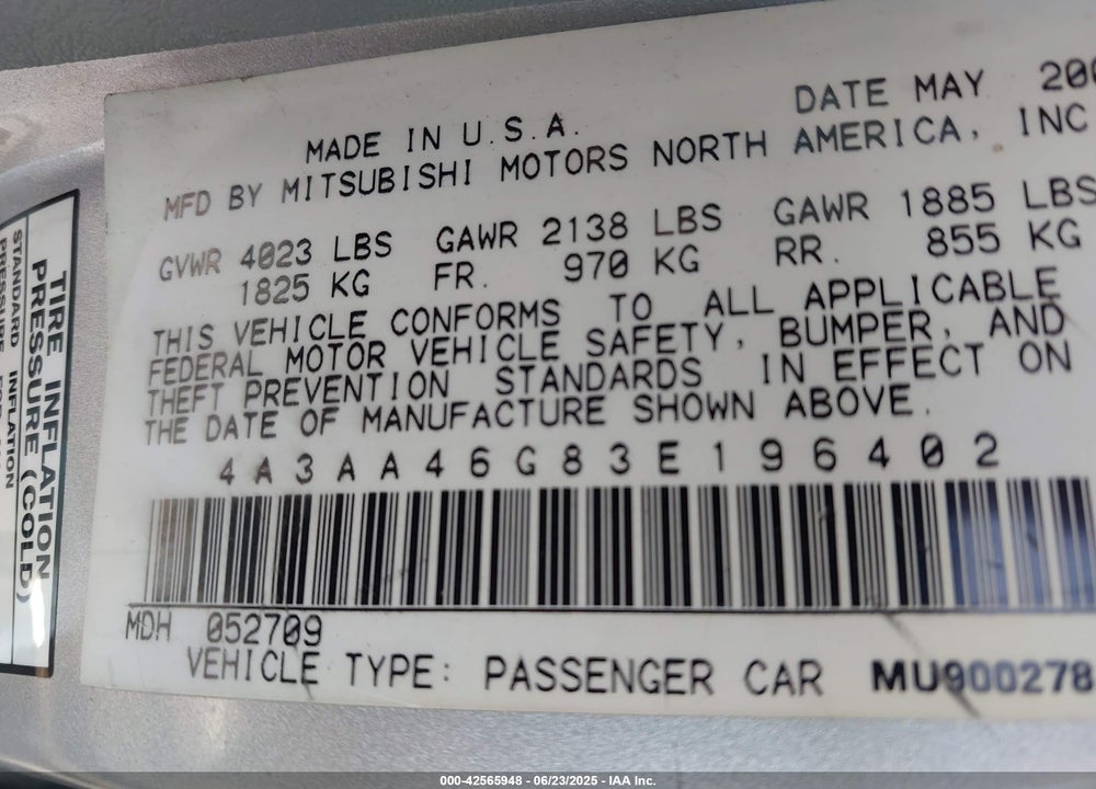 2003 MITSUBISHI GALANT ES/LS VIN: 4A3AA46G83E196402