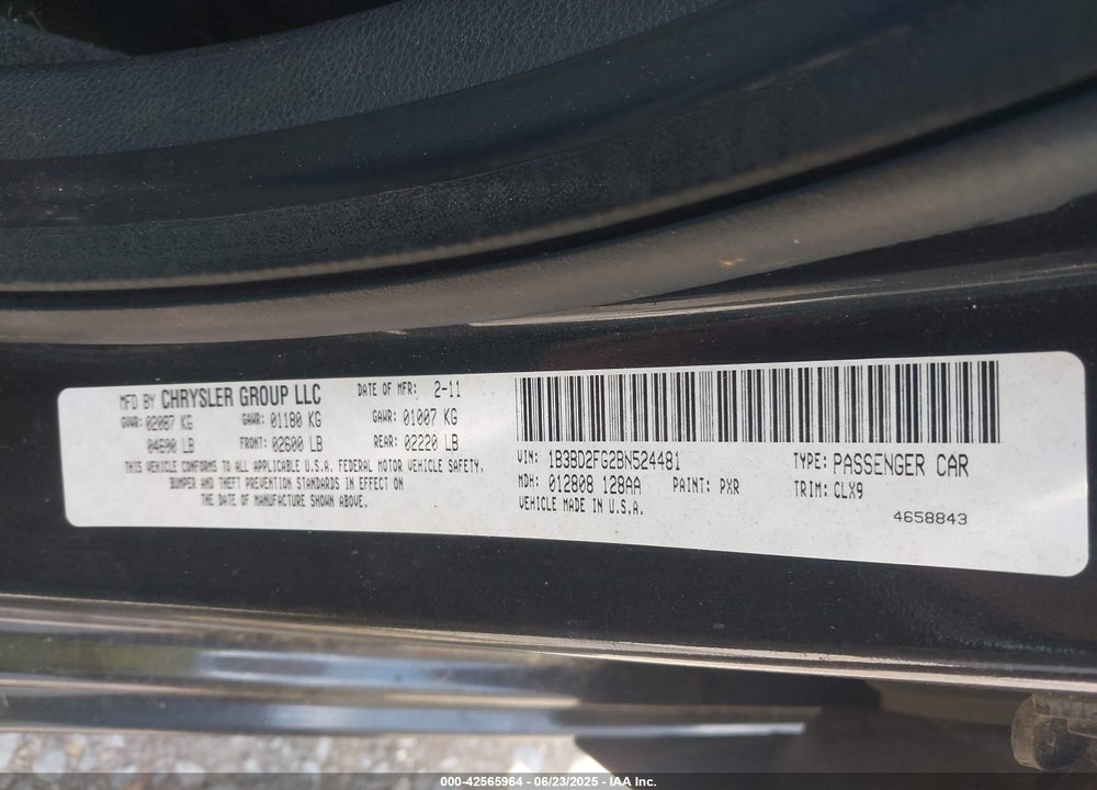 2011 DODGE AVENGER VIN: 1B3BD2FG2BN524481