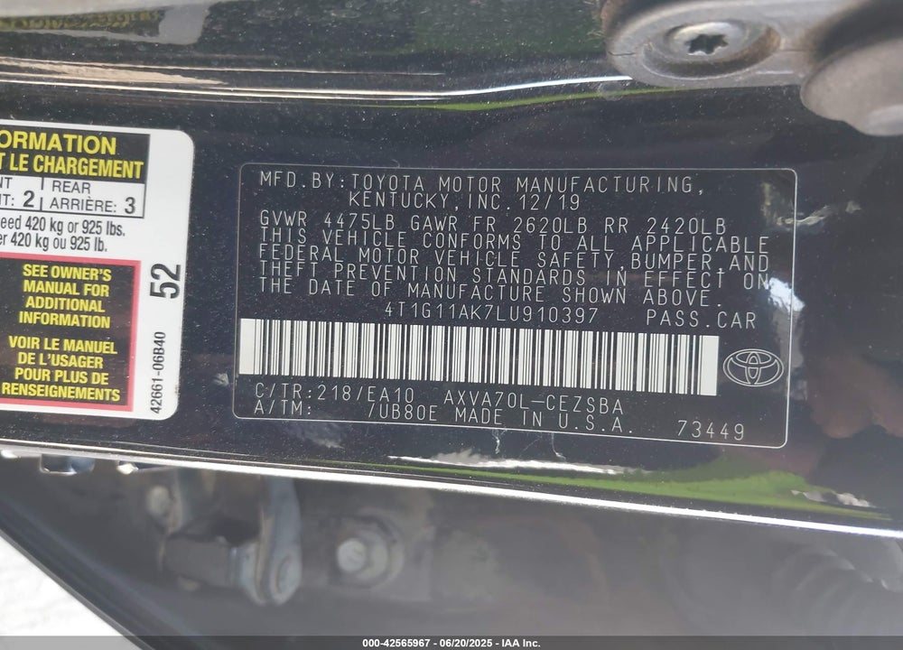 2020 TOYOTA CAMRY SE VIN: 4T1G11AK7LU910397