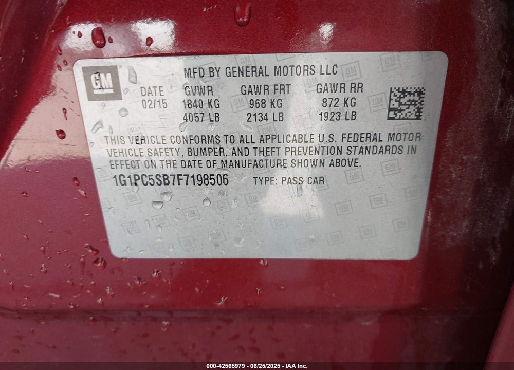 2015 CHEVROLET CRUZE VIN: 1G1PC5SB7F7198506