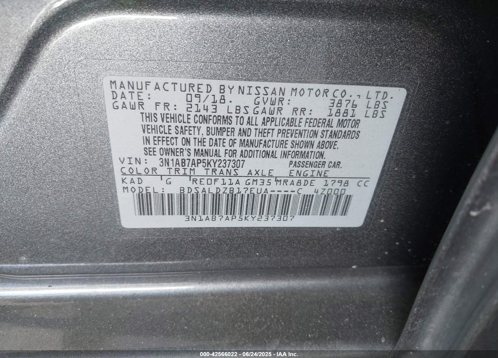 2019 NISSAN SENTRA VIN: 3N1AB7AP5KY237307